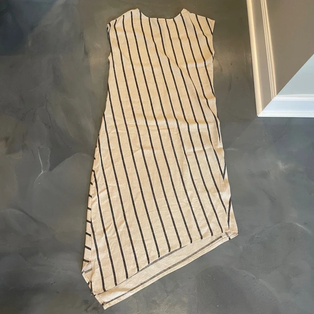 Tahari‎ Asymmetrical Stripe Midi Dress Women's Medium Linen Blend V Neck - Picture 7 of 7